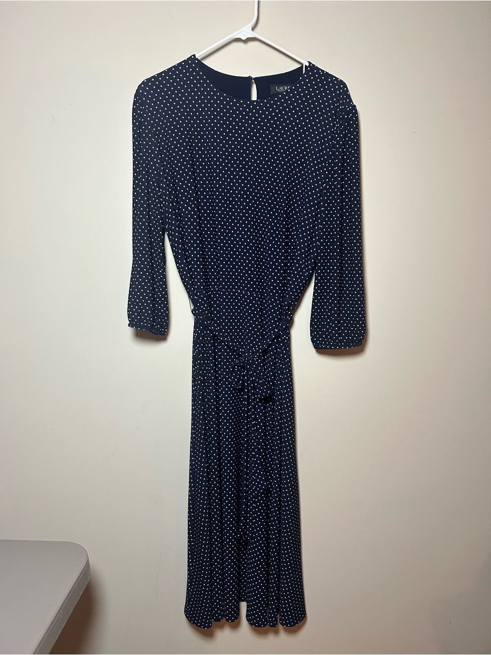 Lauren Ralph Lauren , black label, Navy Polka Dot Tie-Waist Midi Dress, Sz 16 - Picture 2 of 9
